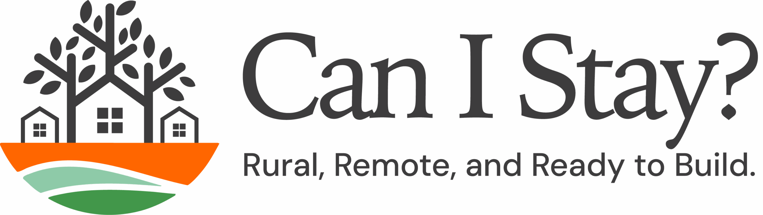 Can I Stay podcast, rural housing crisis Canada Logo with three houses and trees beside the text “Can I Stay? Rural, Remote, and Ready to Build.”—inspired by the Can I Stay podcast with Candace Larsen on the rural housing crisis in Canada. Indigenous housing podcast